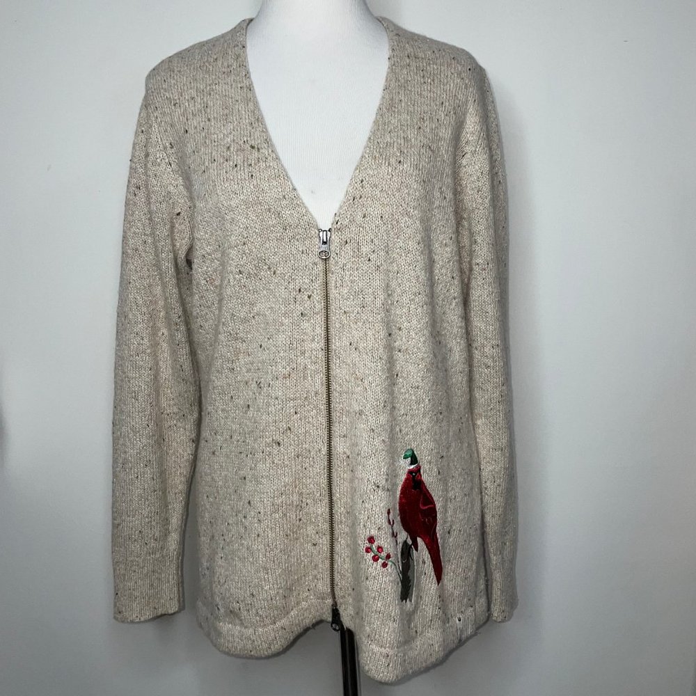 Woolrich Embroidery Cardinal Zip Wool Blend Holiday Cardigan Sweater Oatmeal L - Picture 3 of 14